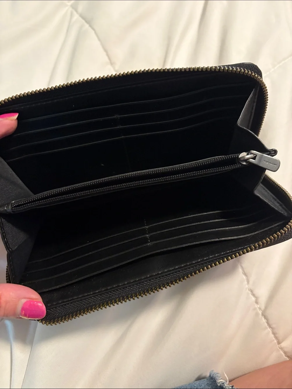 Coach Baseman Black Pebbled Leather Zip Wallet with Character Motif
